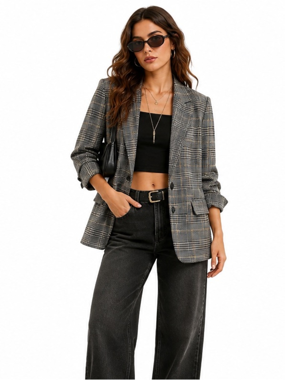 Dynamite Plaid Open Front Blazer Jacket Ruched Sleeves Size XL